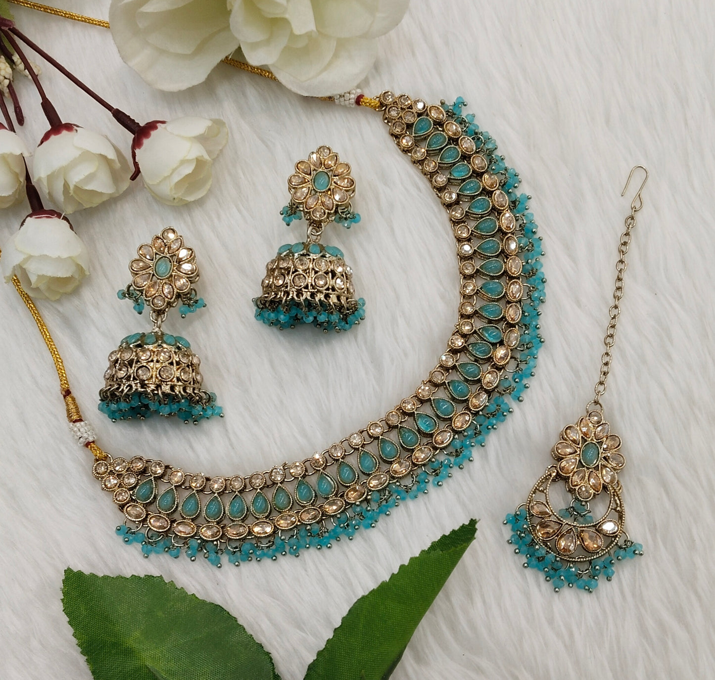 Sky Blue Antique Gold Necklace Jewellery Gora Set