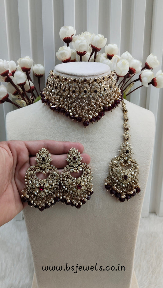 Maroon Antique Gold Choker Jewellery Siki Set