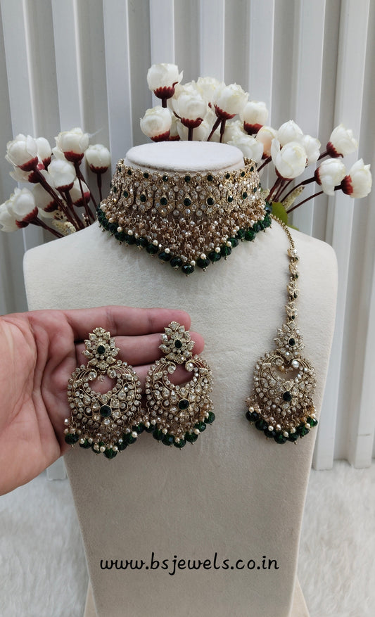 Green Antique Gold Choker Jewellery Siki Set