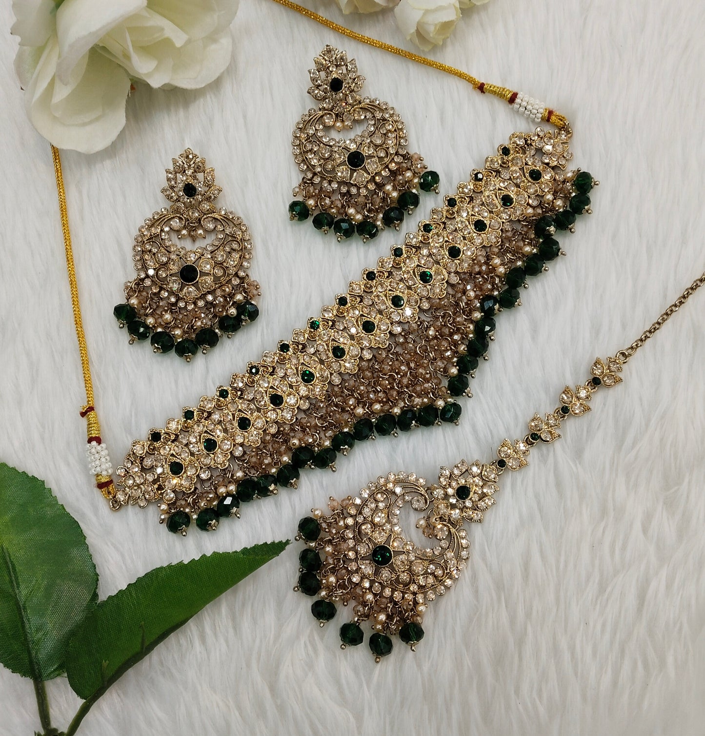 Green Antique Gold Choker Jewellery Siki Set