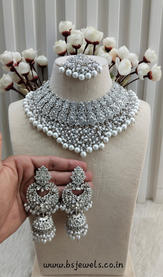 Silver White Necklace Jewellery Shallu Set