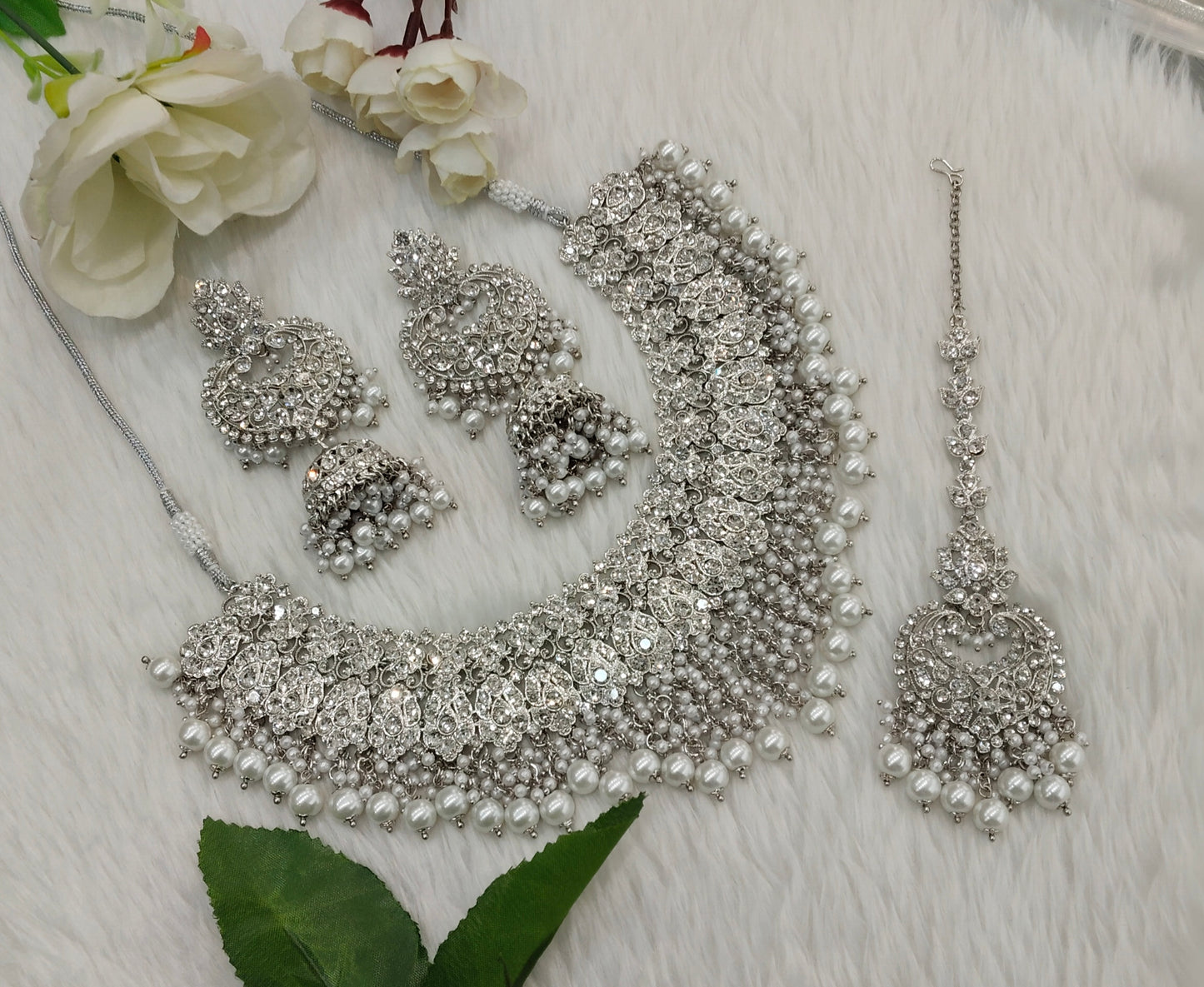 Silver White Necklace Jewellery Shallu Set