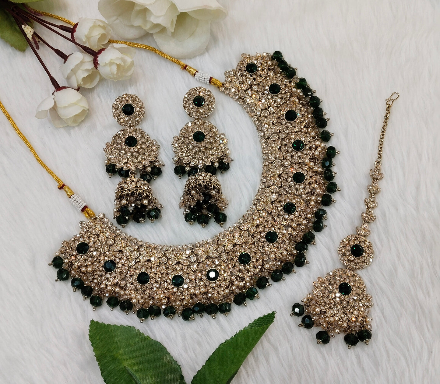 Green Antique Gold Necklace Jewellery Meenu Set