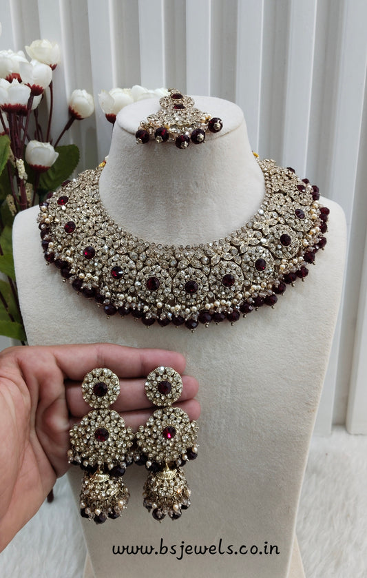 Maroon Antique Gold Necklace Jewellery Meenu Set