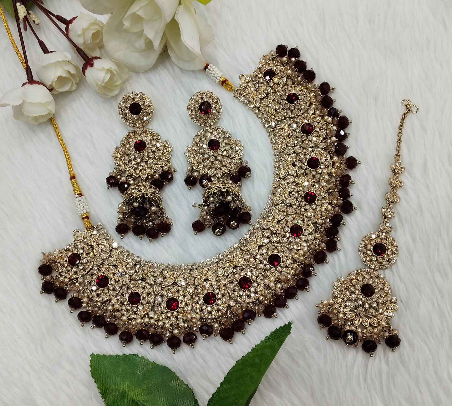 Maroon Antique Gold Necklace Jewellery Meenu Set