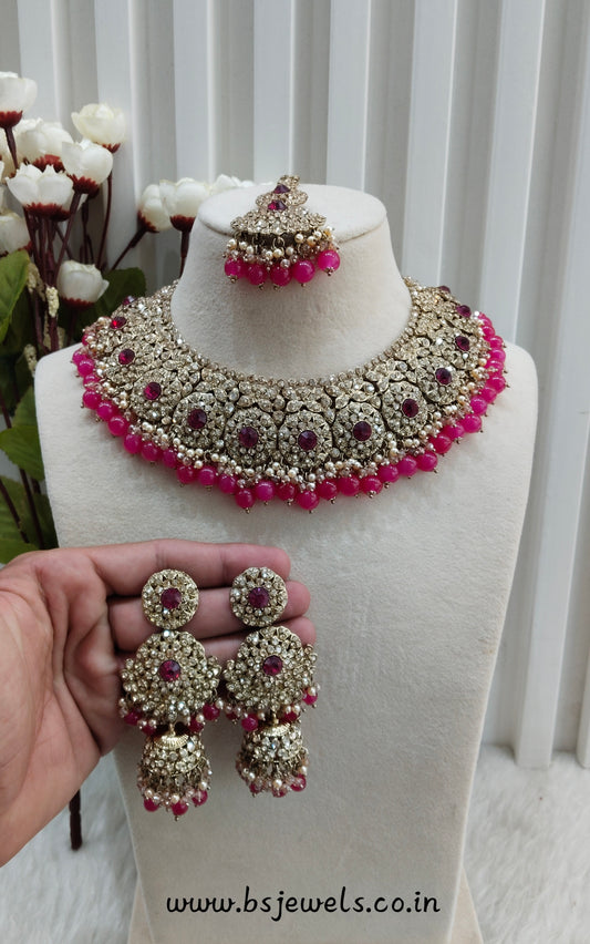 Rani Pink Antique Gold Necklace Jewellery Meenu Set