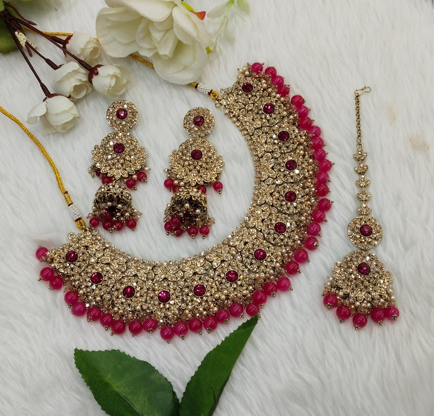 Rani Pink Antique Gold Necklace Jewellery Meenu Set