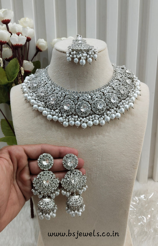 Silver White Necklace Jewellery Meenu Set