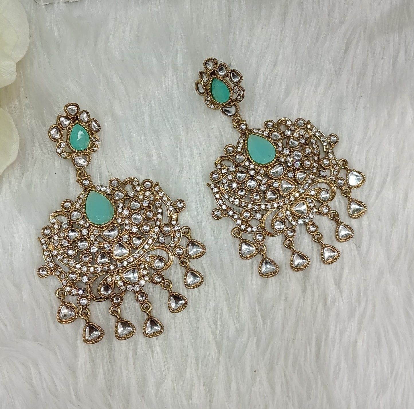 Sky Blue Antique Gold Bollywood Yadav Earrings