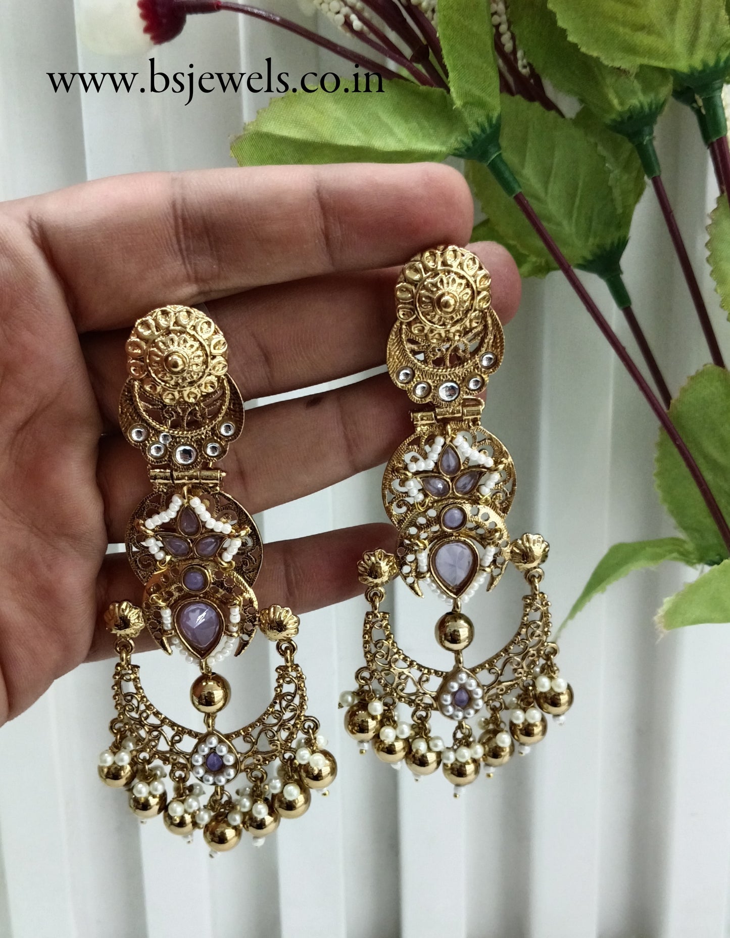 Lavender Kundan Chandbali Bollywood Shon Earrings