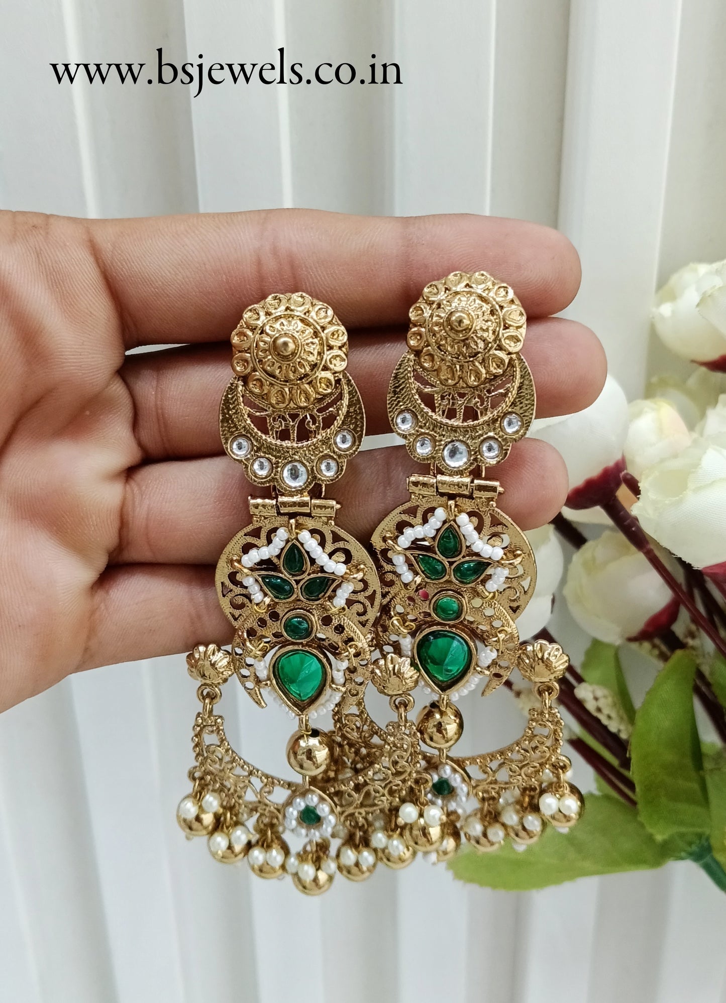 Green Kundan Chandbali Bollywood Shon Earrings