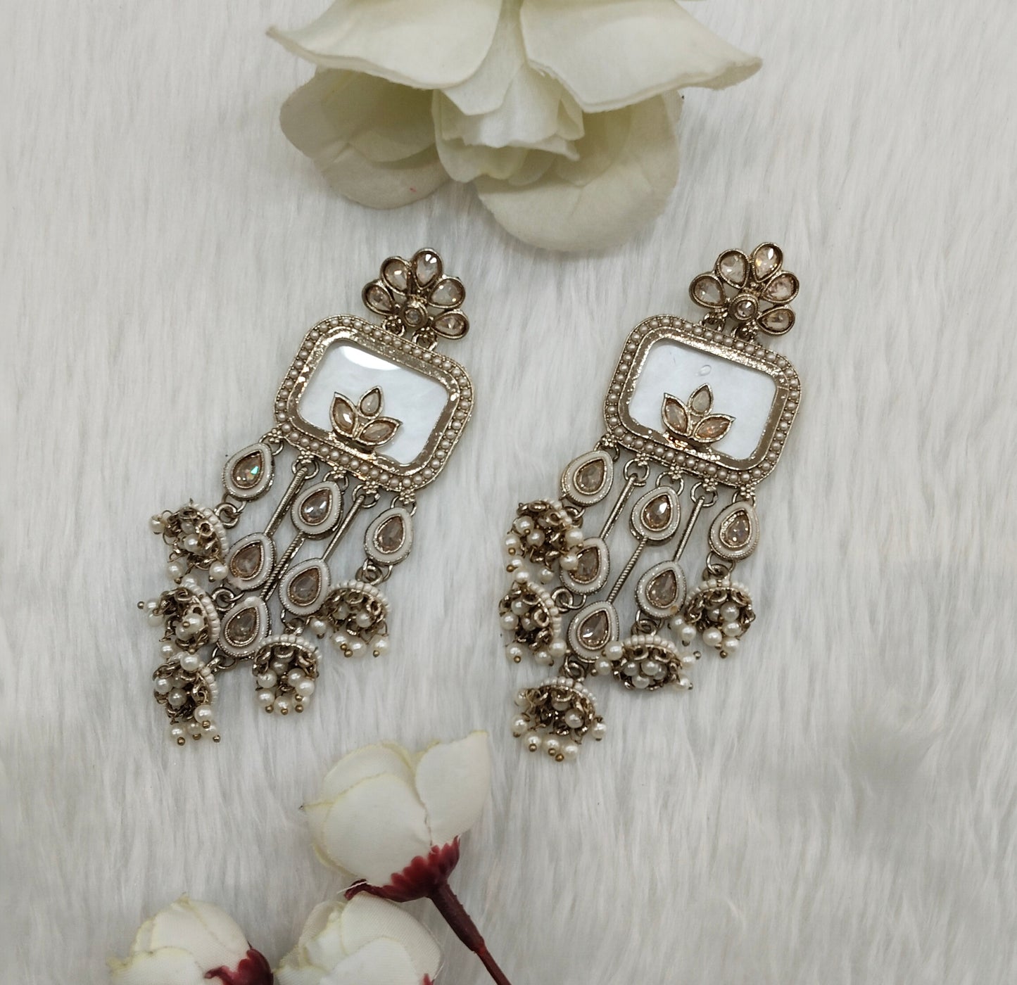 White Antique Gold Bollywood Ravi Earrings