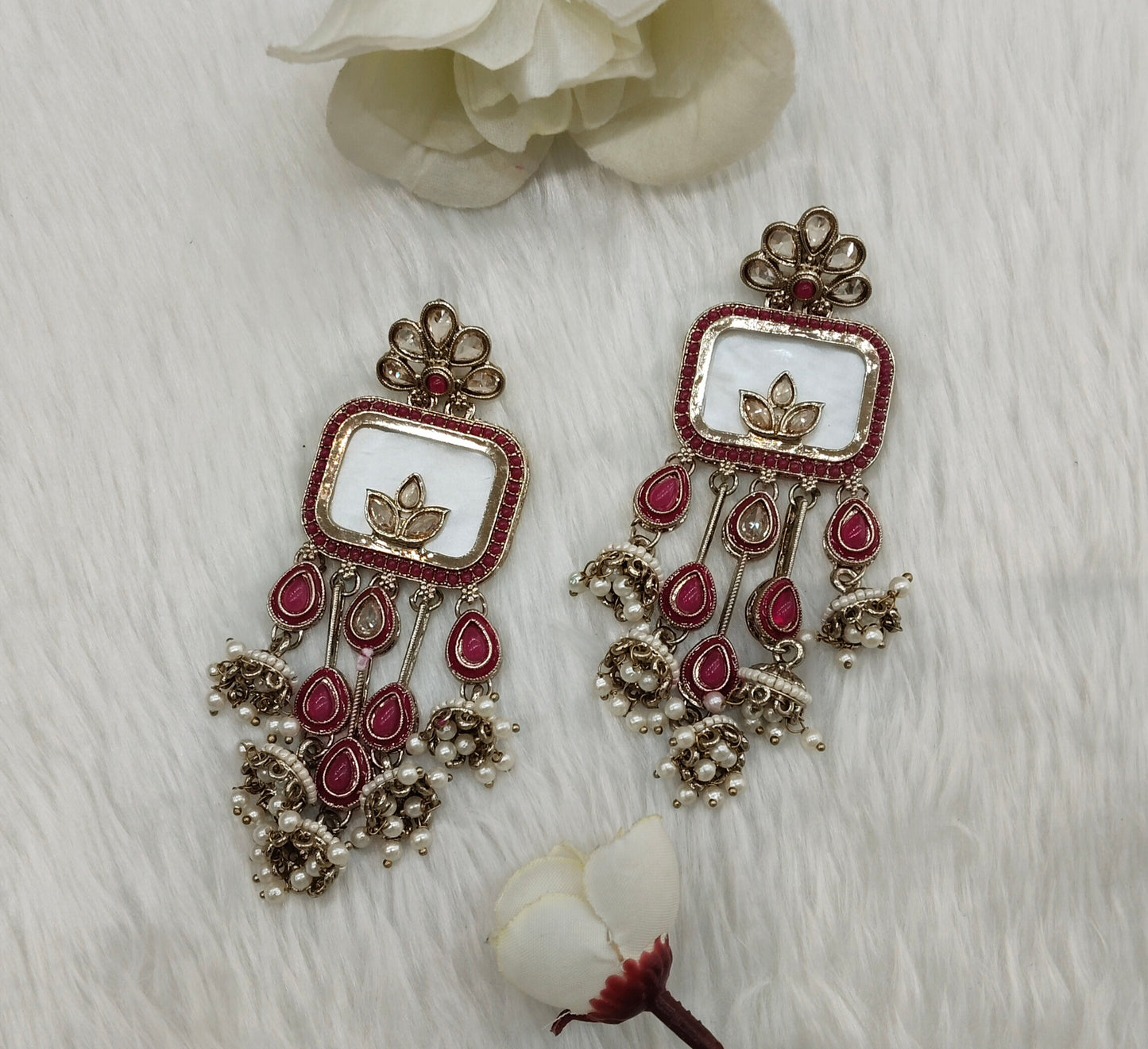 Dark Pink White Antique Gold Bollywood Ravi Earrings