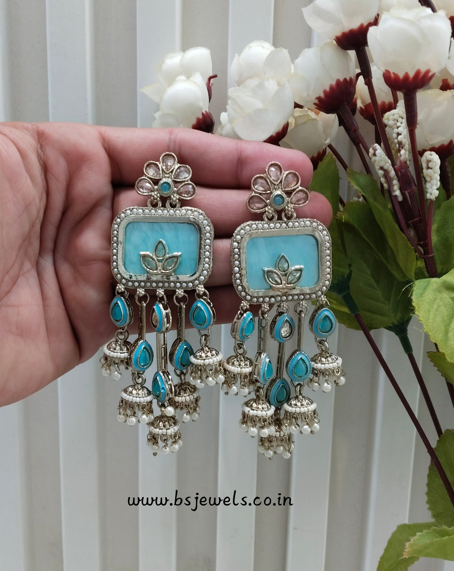Sky Blue Antique Gold Bollywood Ravi Earrings