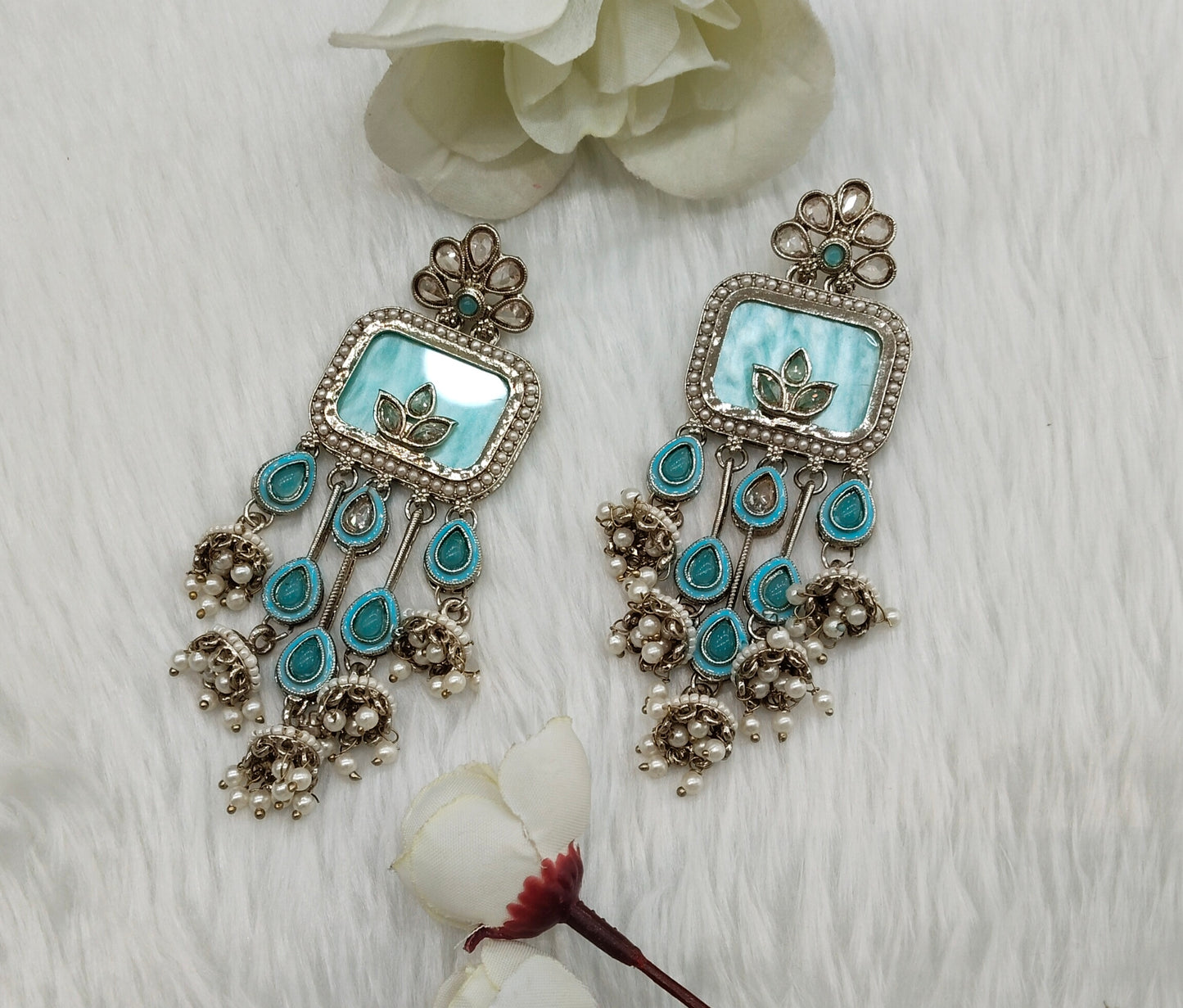 Sky Blue Antique Gold Bollywood Ravi Earrings