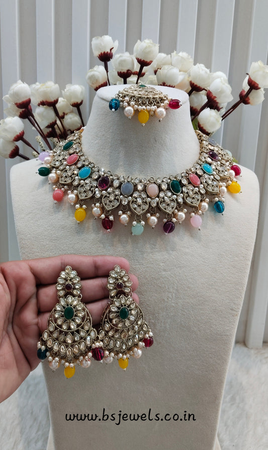 Multi Color Antique Gold Necklace Jewellery Rasha Set