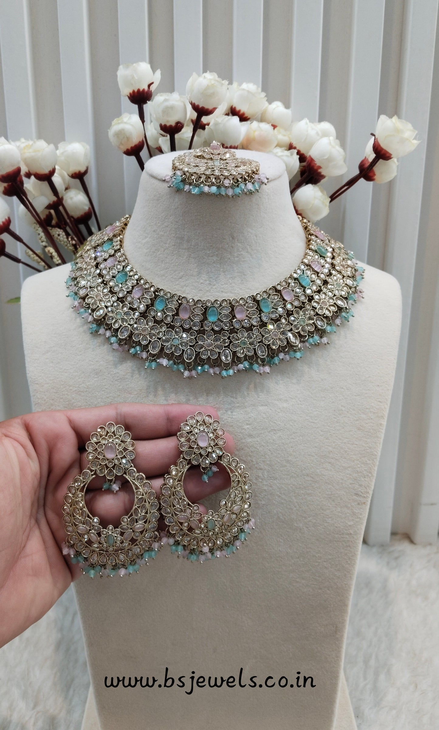 Mint Pink Antique Gold Necklace Jewellery Gopi Set