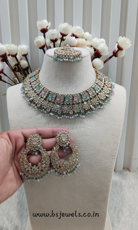 Mint Pink Antique Gold Necklace Jewellery Gopi Set