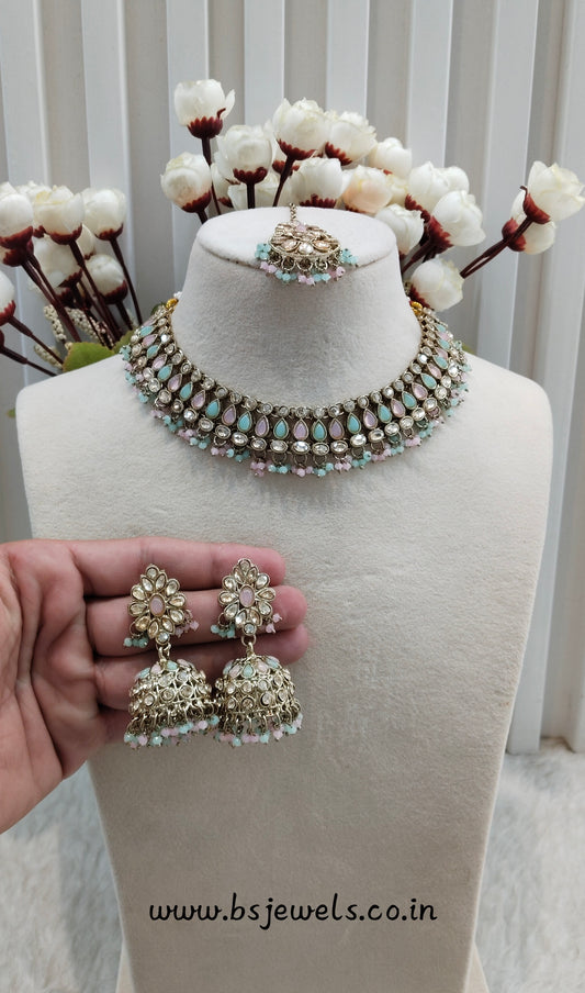 Mint Pink Antique Gold Necklace Jewellery Gora Set