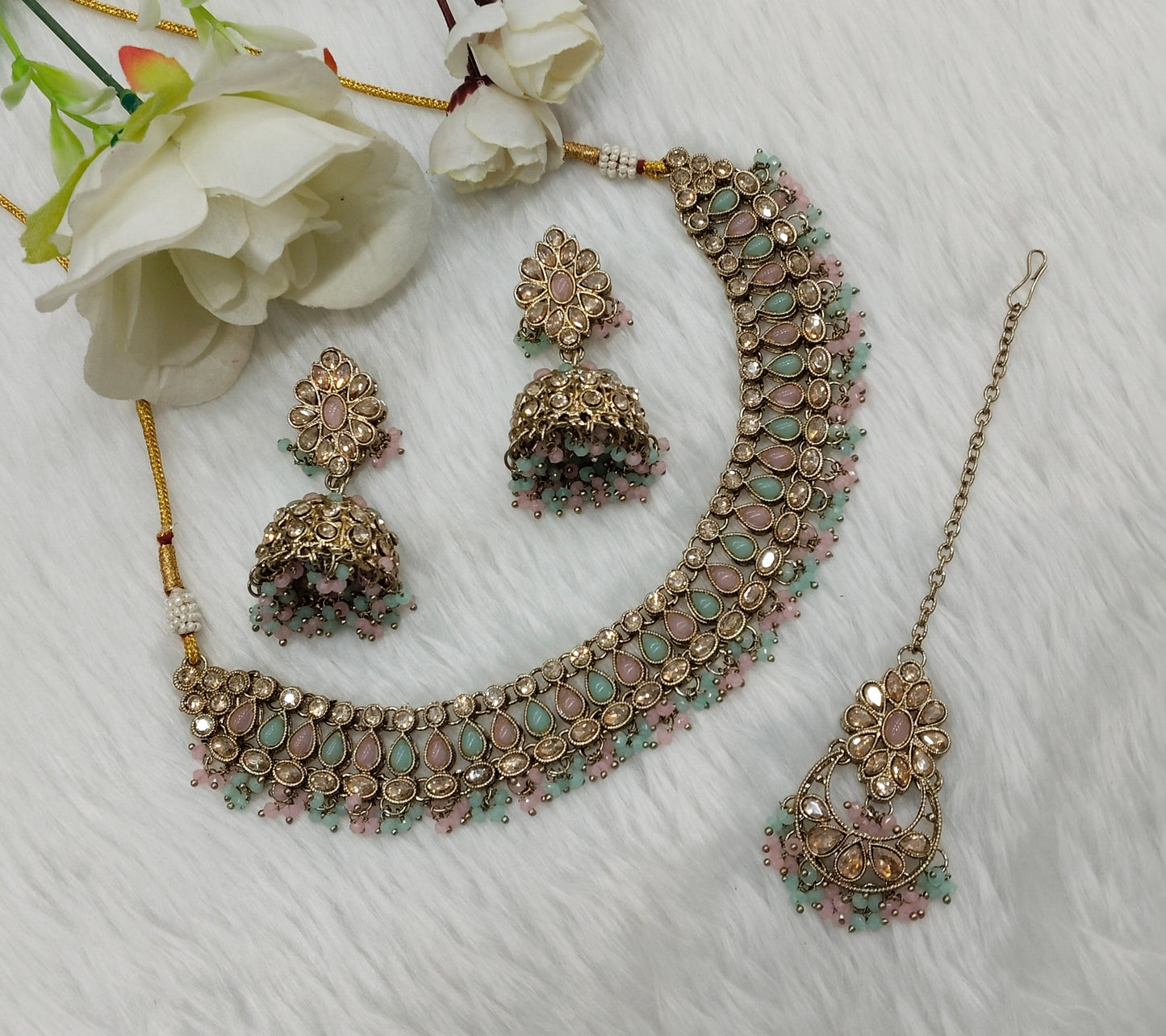 Mint Pink Antique Gold Necklace Jewellery Gora Set
