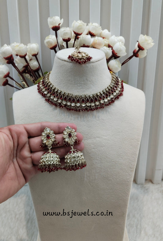 Maroon Antique Gold Necklace Jewellery Gora Set