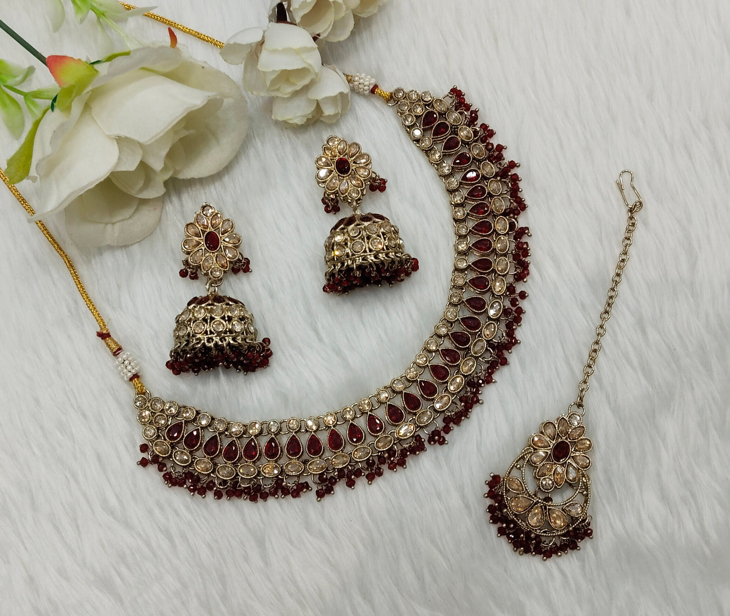 Maroon Antique Gold Necklace Jewellery Gora Set