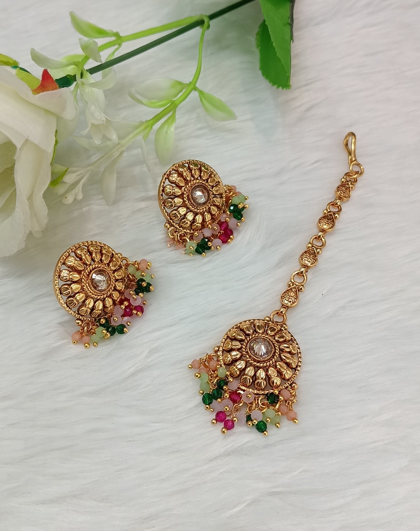 Multi Color Gold Polki Punjabi Style Earrings and Tikka