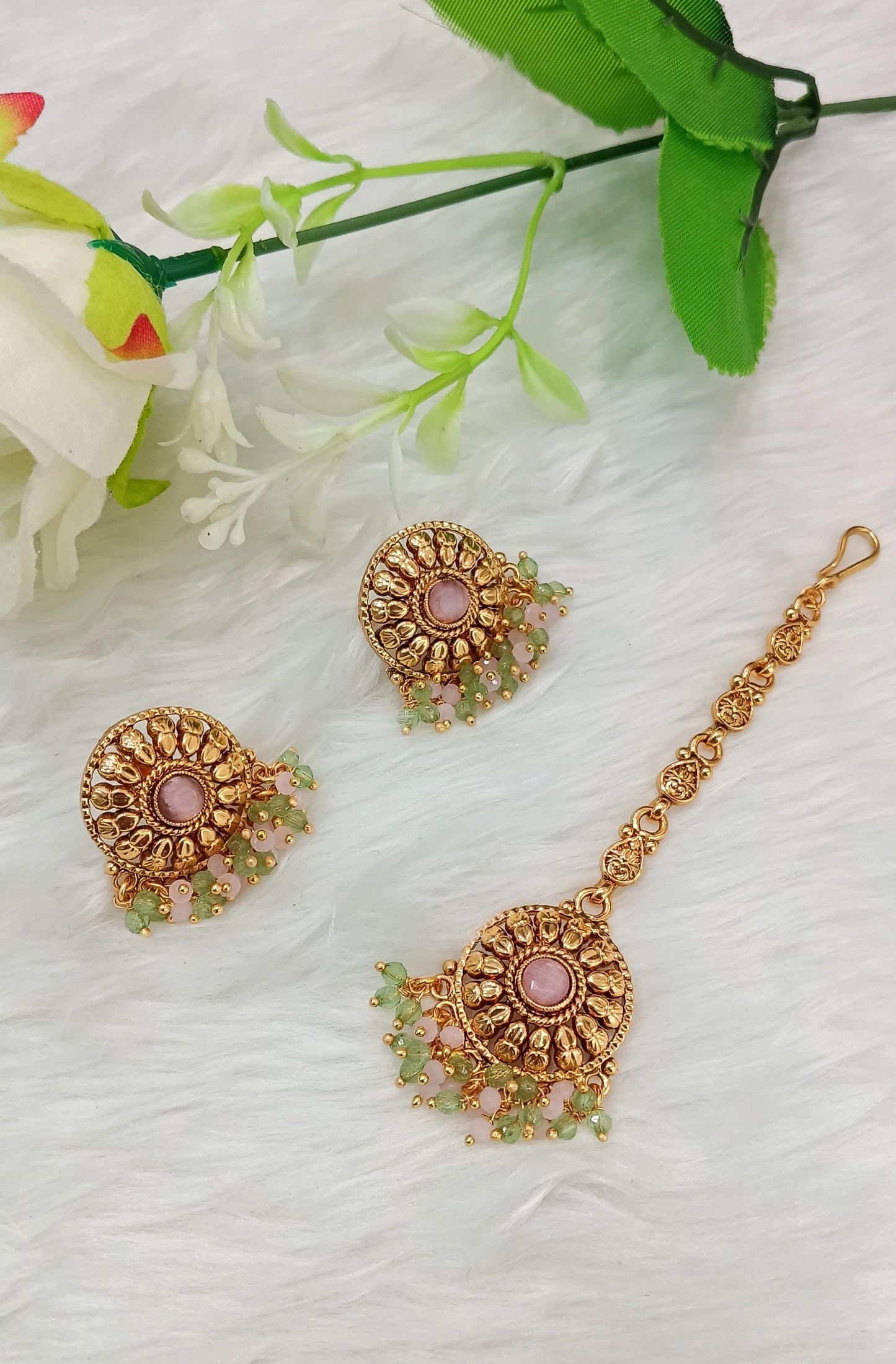 Mint Pink Gold Polki Punjabi Style Earrings and Tikka