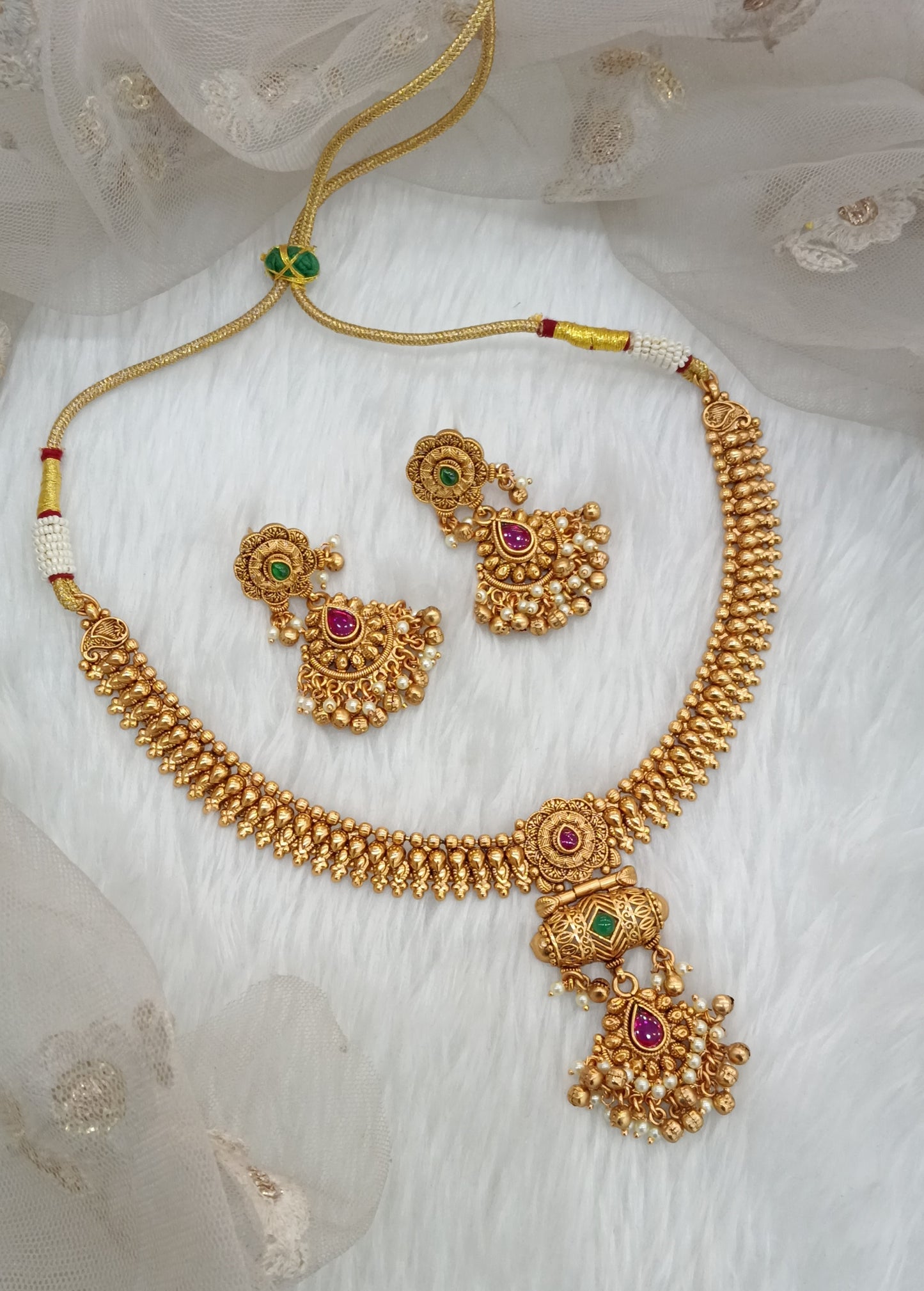 Ruby Green Gold Polki Necklace Jewellery Harf Set