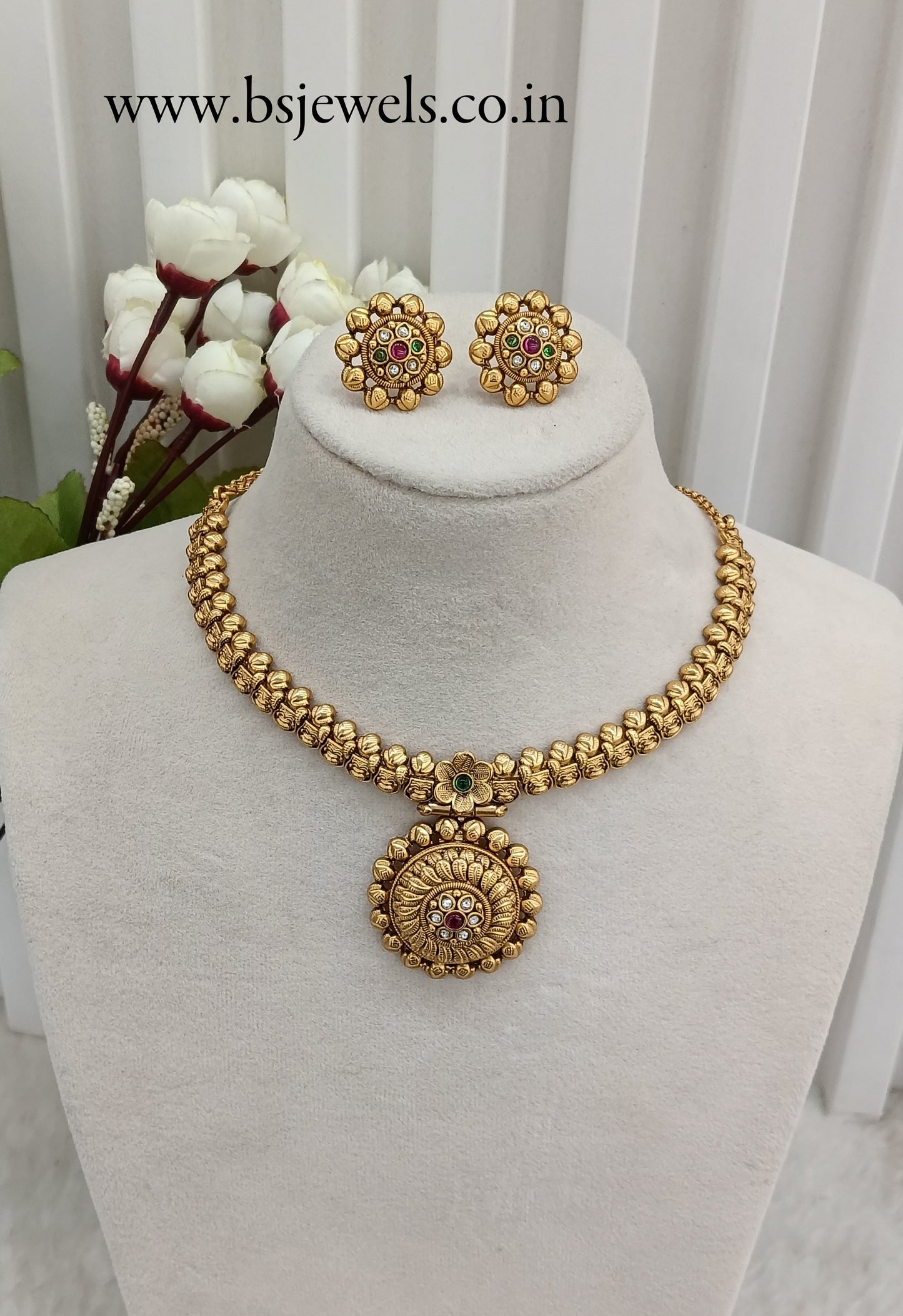 Ruby Green Gold Polki Necklace Jewellery Harf Set