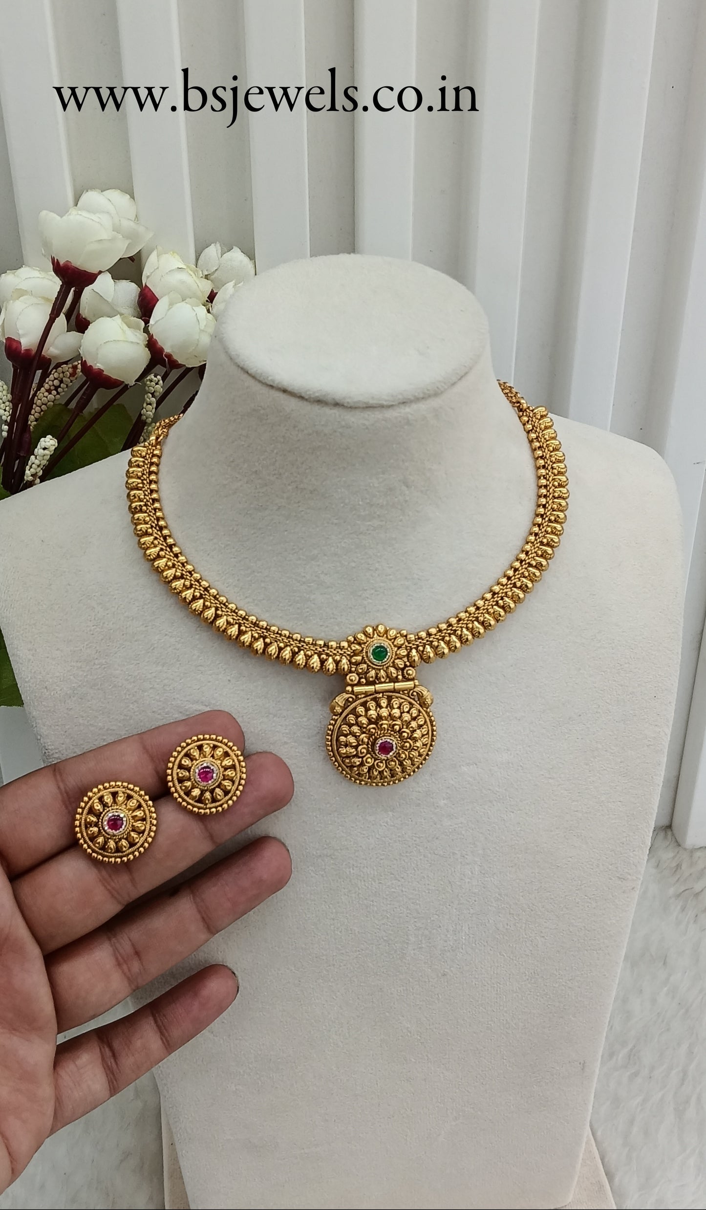 Ruby Green Gold Polki Necklace Jewellery Harf Set
