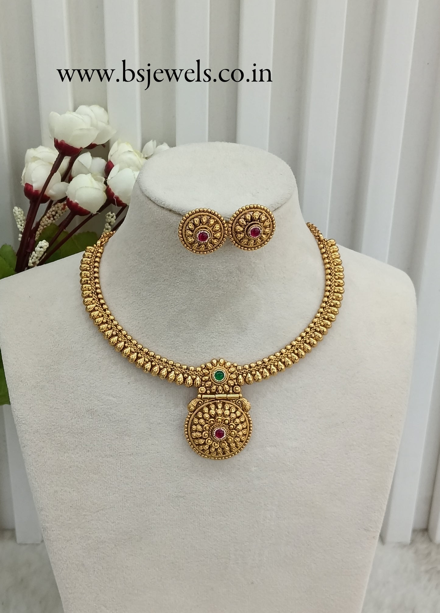 Ruby Green Gold Polki Necklace Jewellery Harf Set