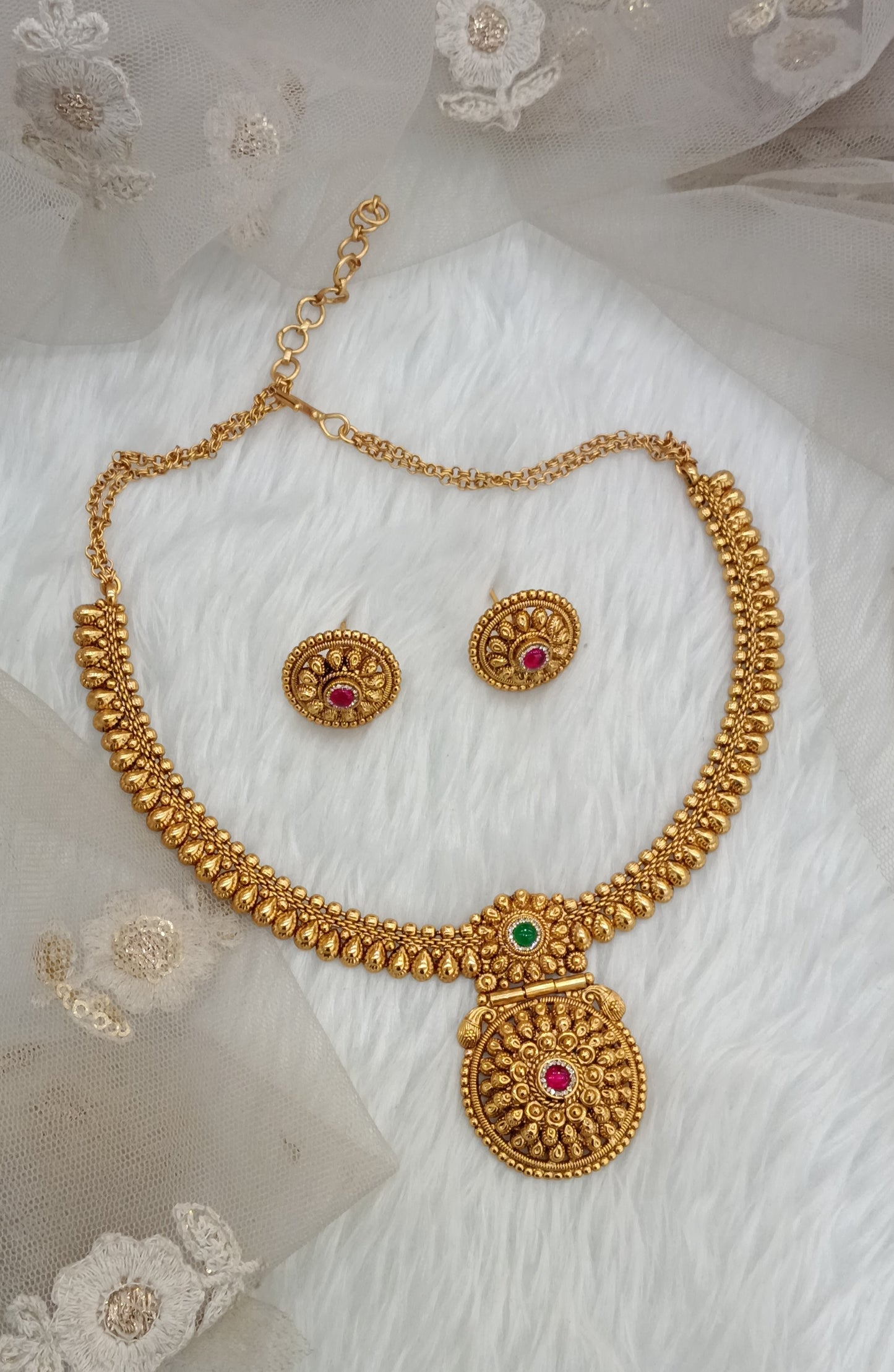 Ruby Green Gold Polki Necklace Jewellery Harf Set