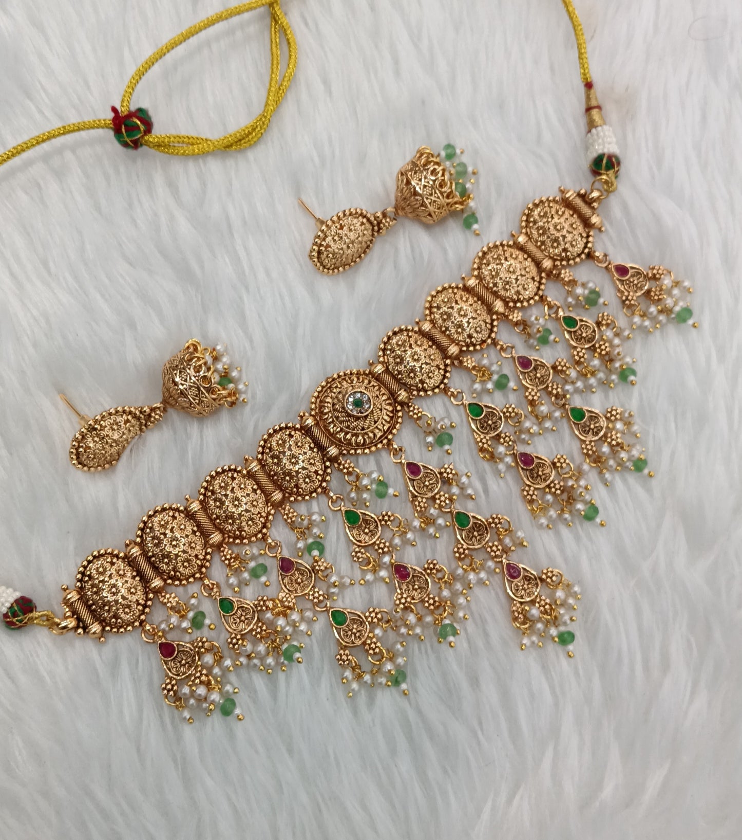 Ruby Green Gold Polki Jhumki Choker Jewellery Agam Set