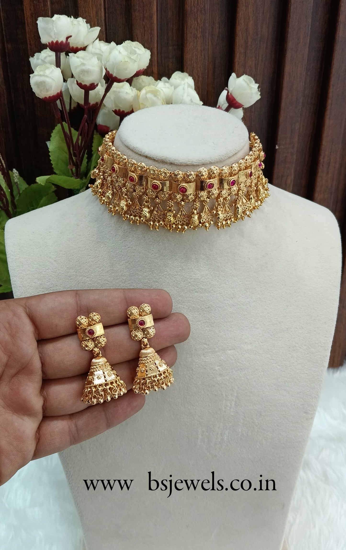 Ruby Gold Polki Jhumki Choker Jewellery Agam Set