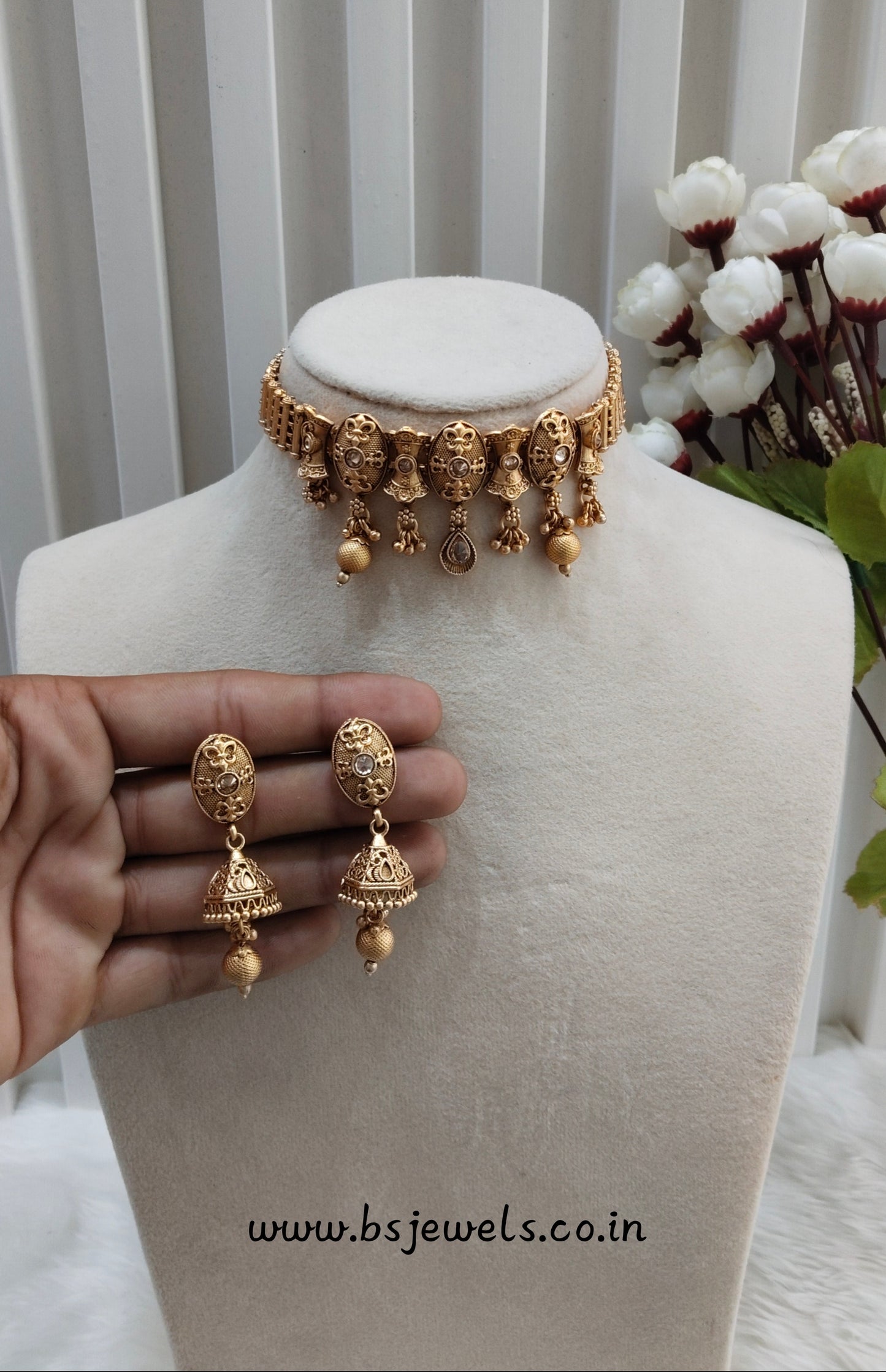 Gold Polki Choker Jhumki Jewellery Bobo Set