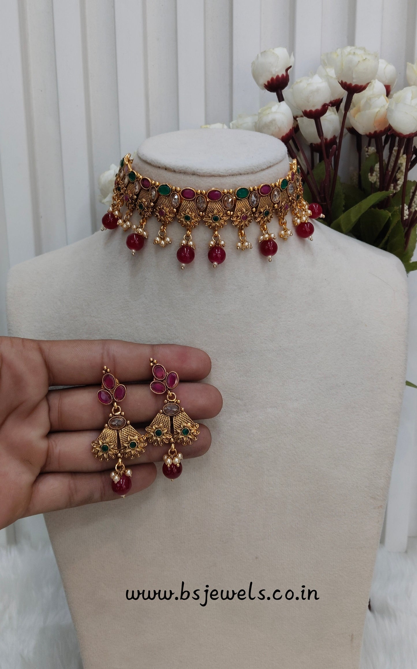 Ruby Green Gold Polki Choker Jewellery Bobo Set