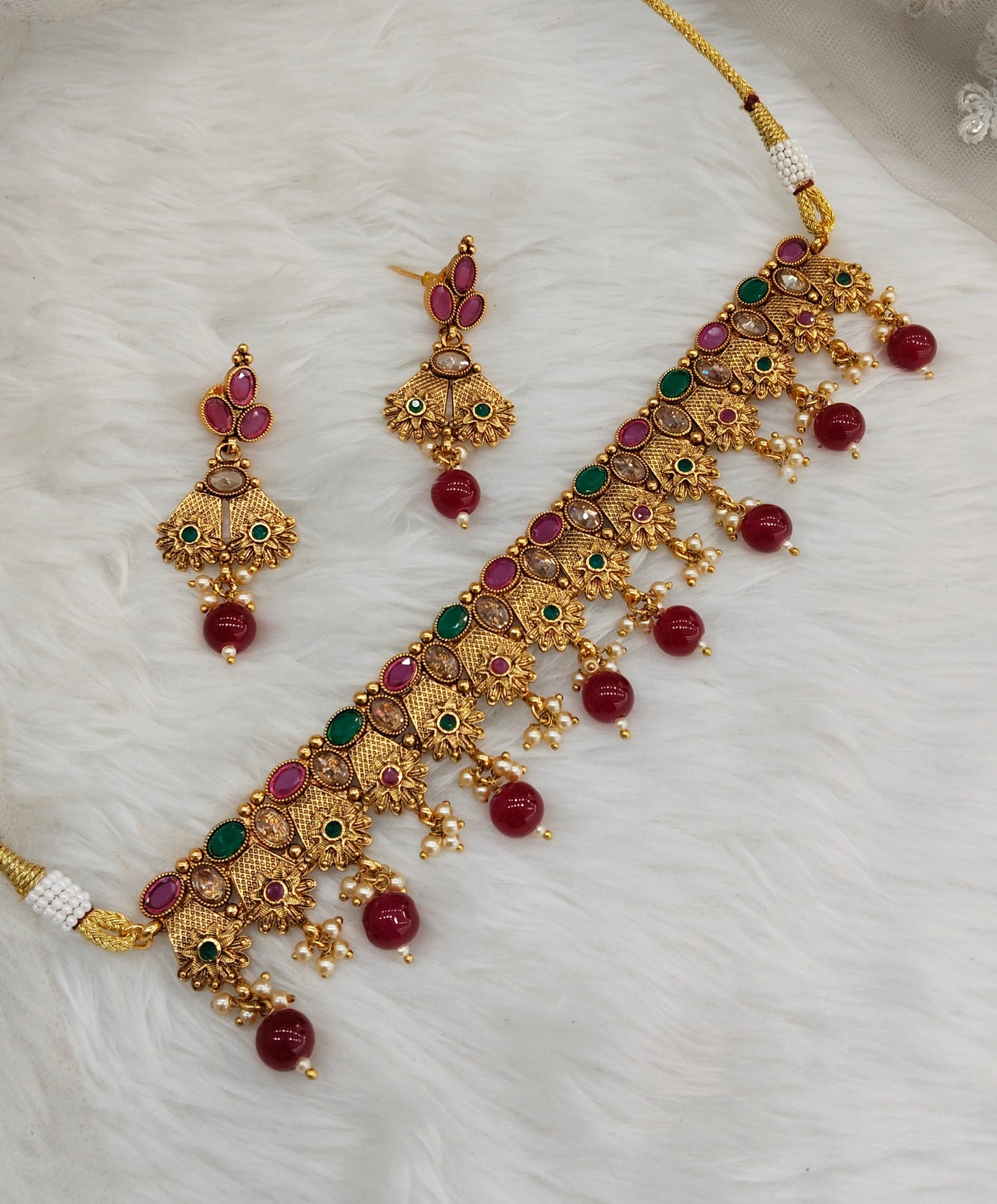 Ruby Green Gold Polki Choker Jewellery Bobo Set