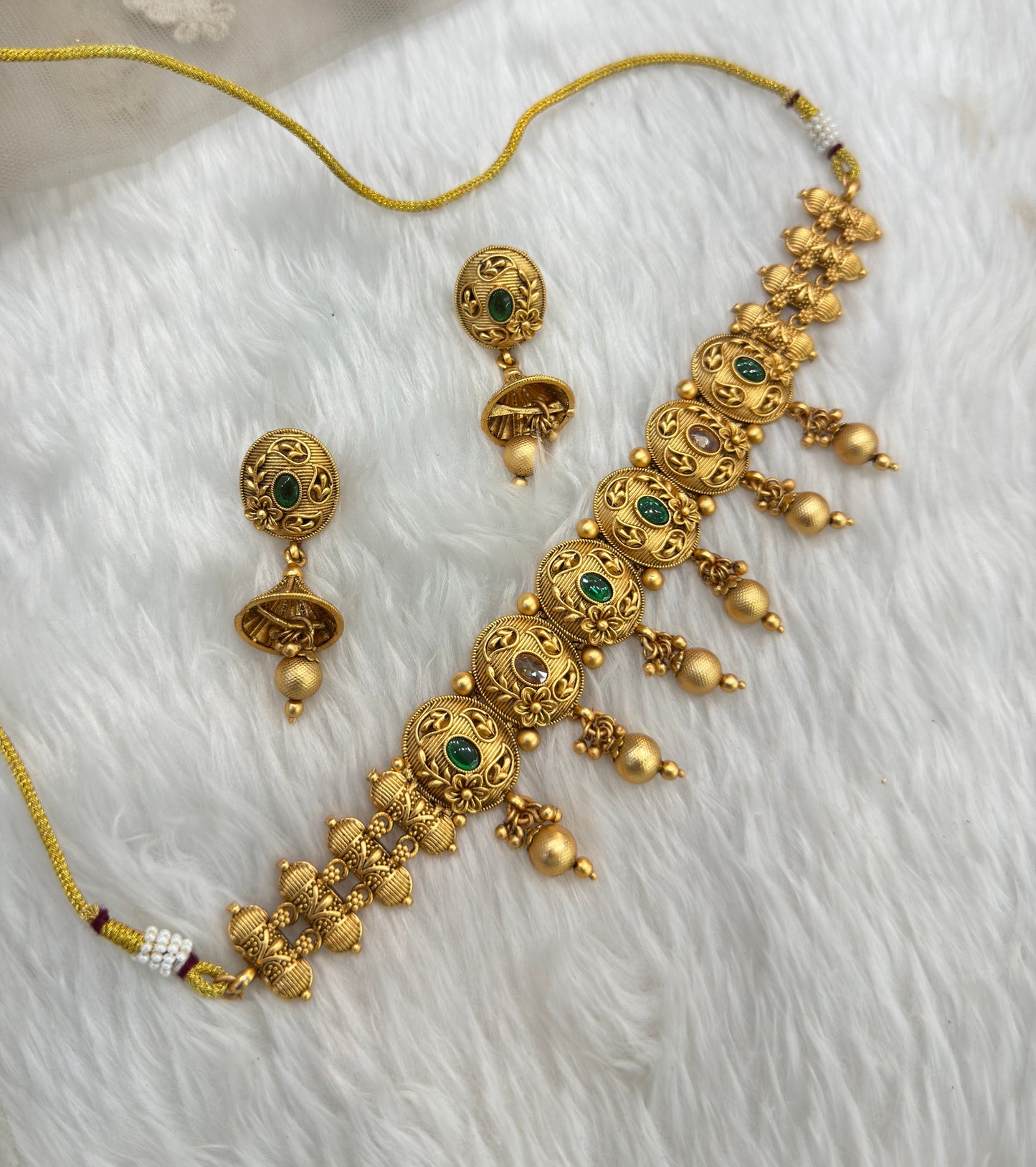 Green Gold Polki Jhumki Choker Jewellery Bobo Set