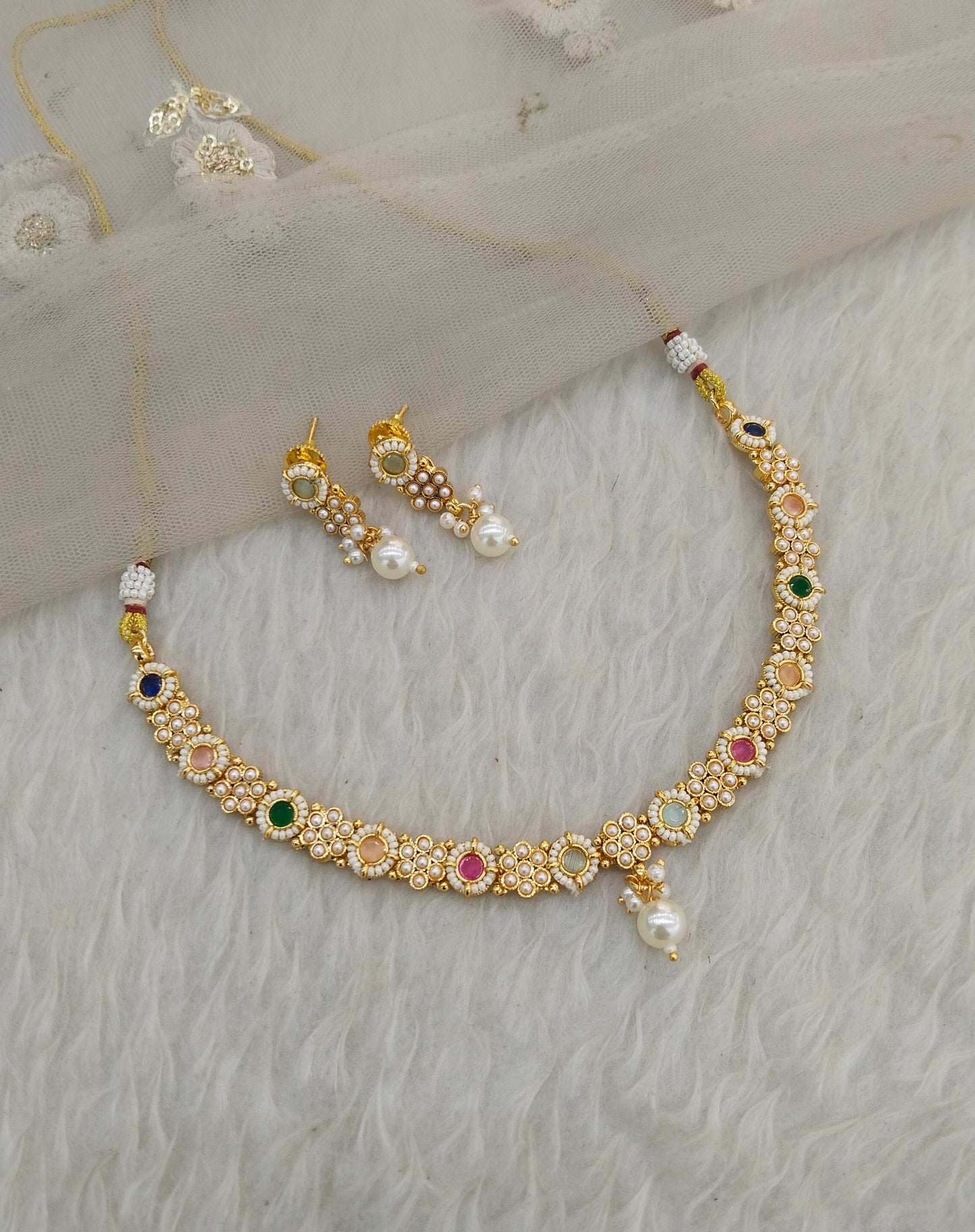 Multi Color Gold Polki Necklace Jewellery Gandhi Set