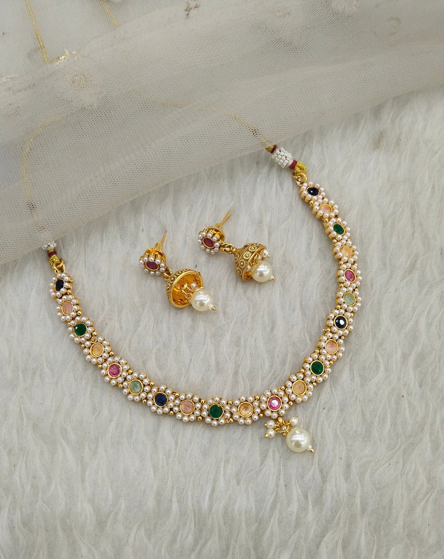 Multi Color Gold Polki Necklace Jewellery Gandhi Set