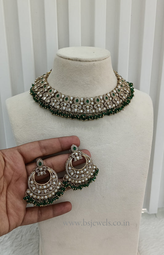 Green Antique Gold Kundan Necklace Jewellery Jot Set