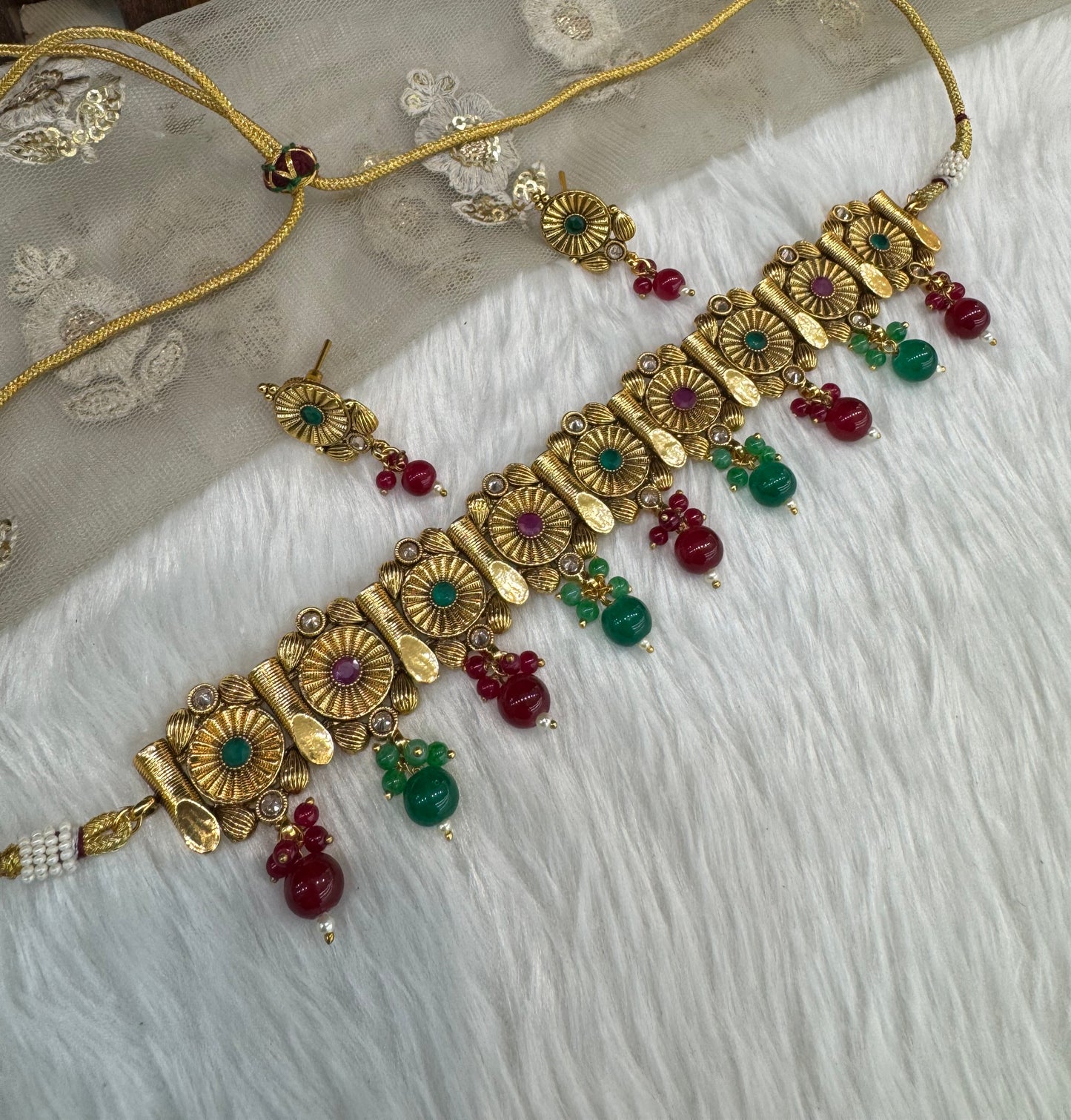Ruby Green Gold Polki Choker Jewellery Bobo Set