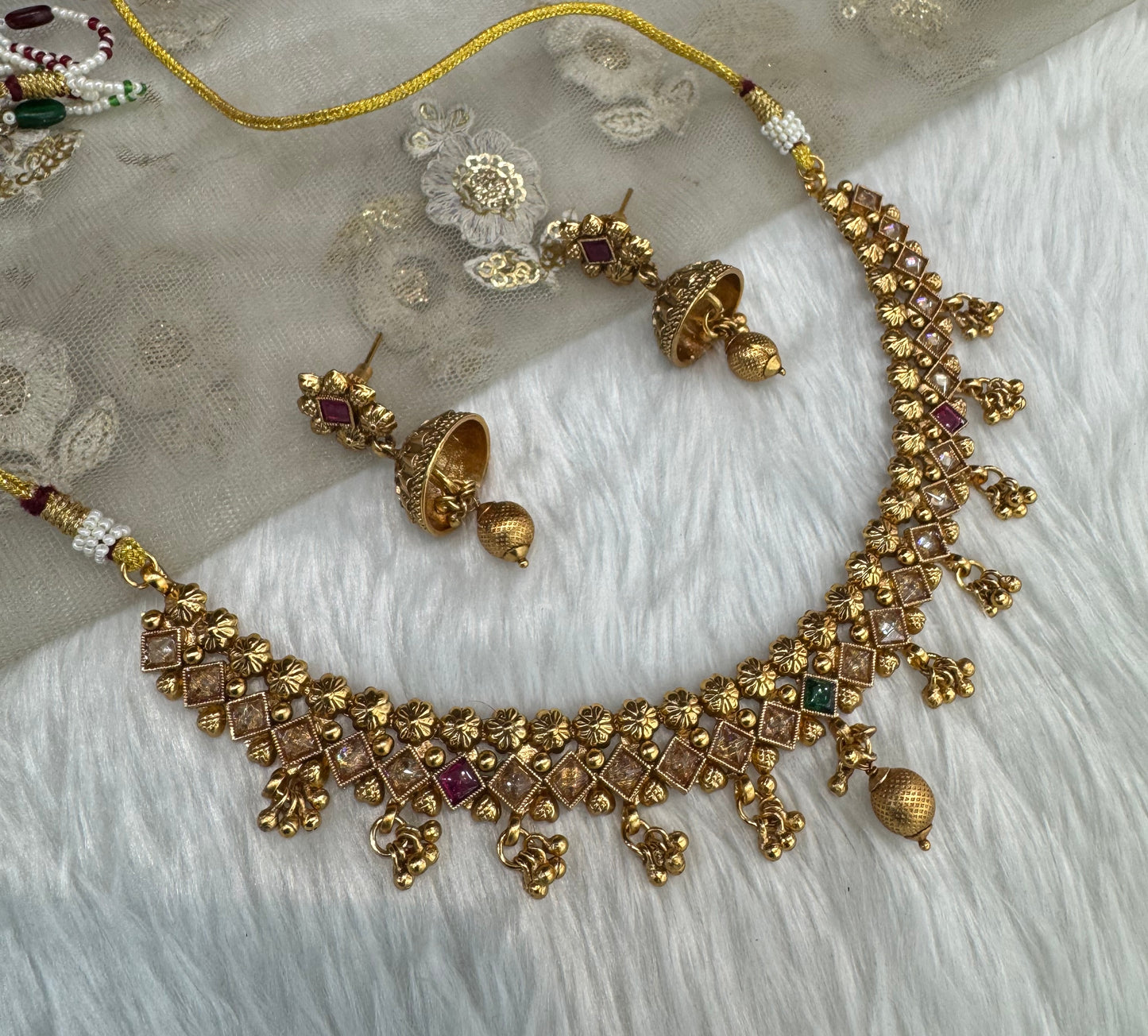 Ruby Green Gold Polki Necklace Jewellery Pawan Set