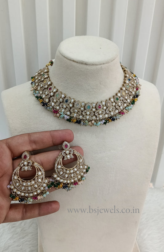Multi Color Antique Gold Kundan Necklace Jewellery Jot Set