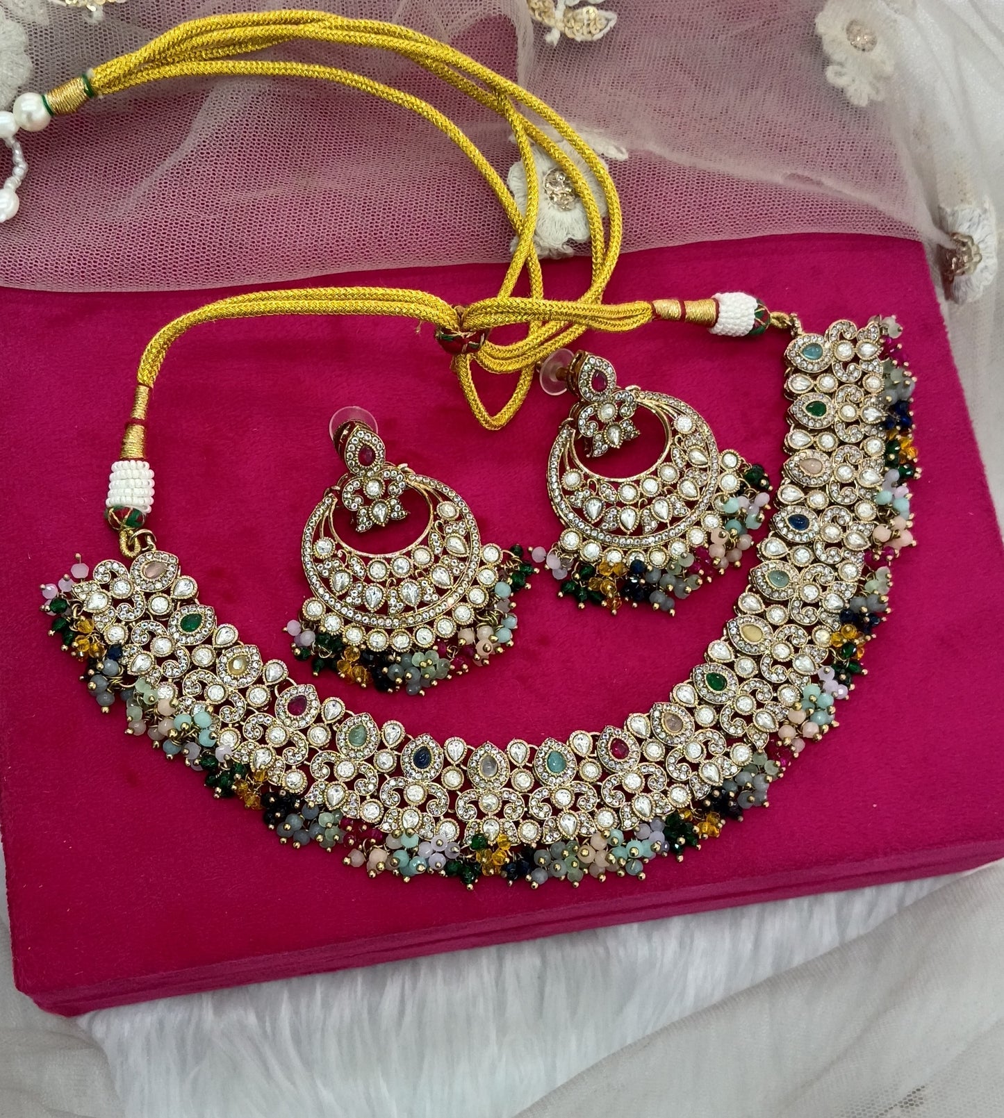 Multi Color Antique Gold Kundan Necklace Jewellery Jot Set