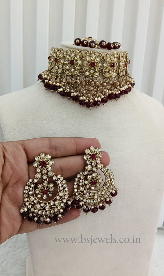 Maroon Antique Gold Choker Jewellery Jot Set