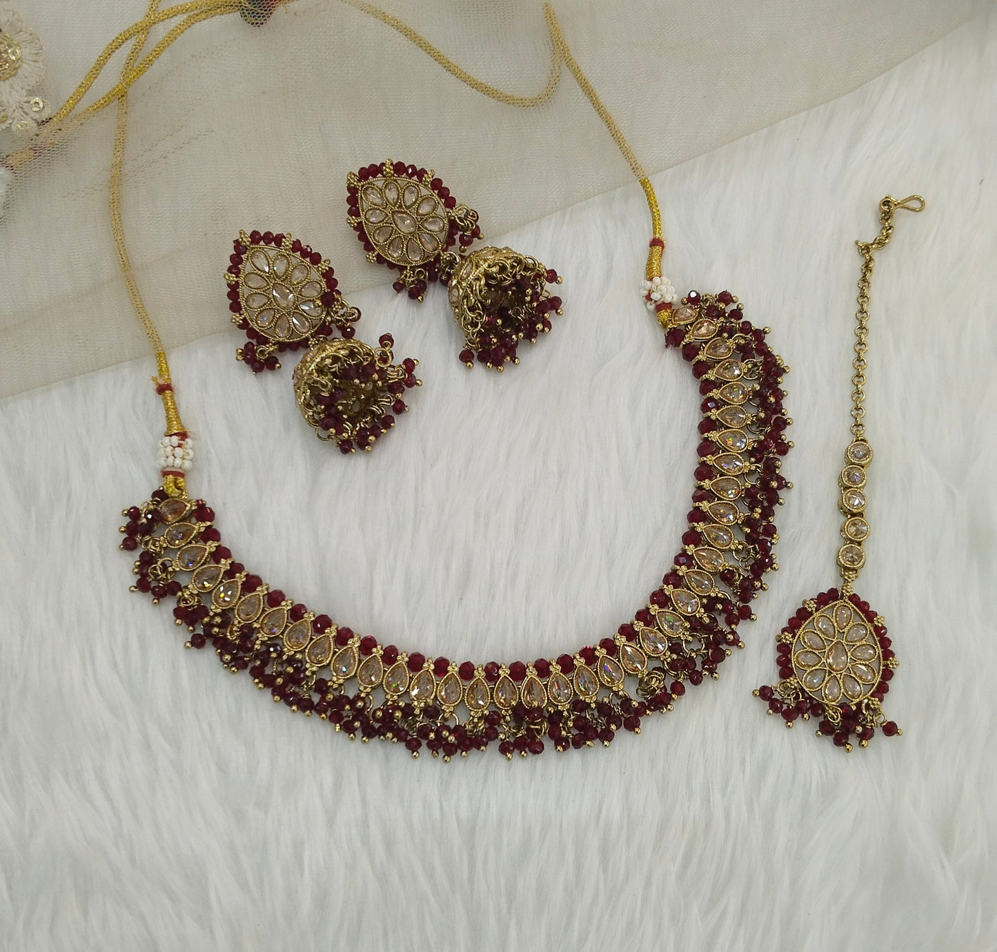 Maroon Antique Gold Necklace Jewellery Anmol Set