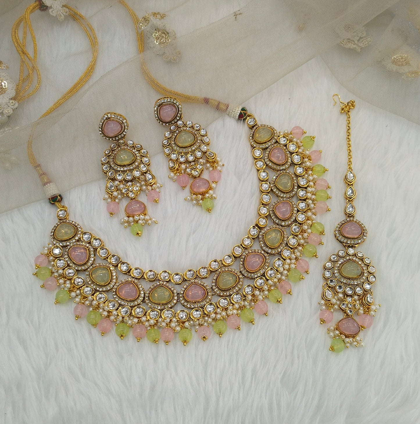 Mint Pink Kundan Necklace Jewellery Ehimay Set