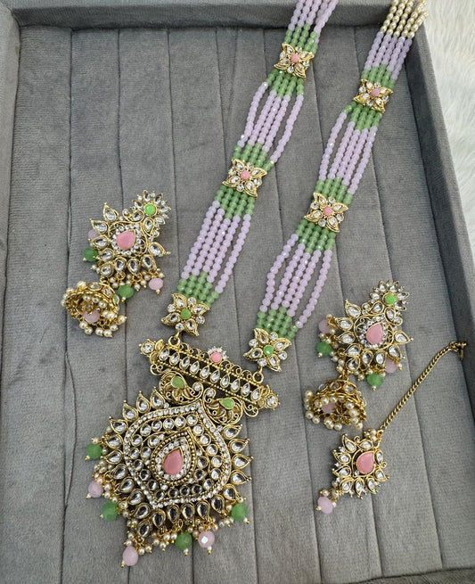Mint Pink Kundan Rani Haar Indian Jewelry Set
